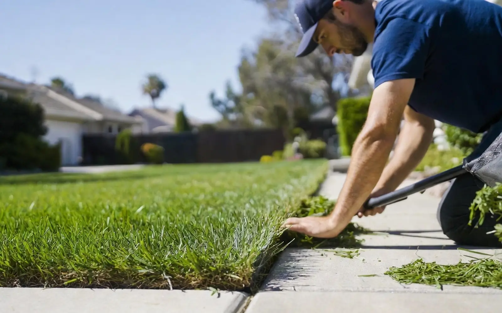 Landscaper edging a thick green lawn with crisp lines, clippings bagged
