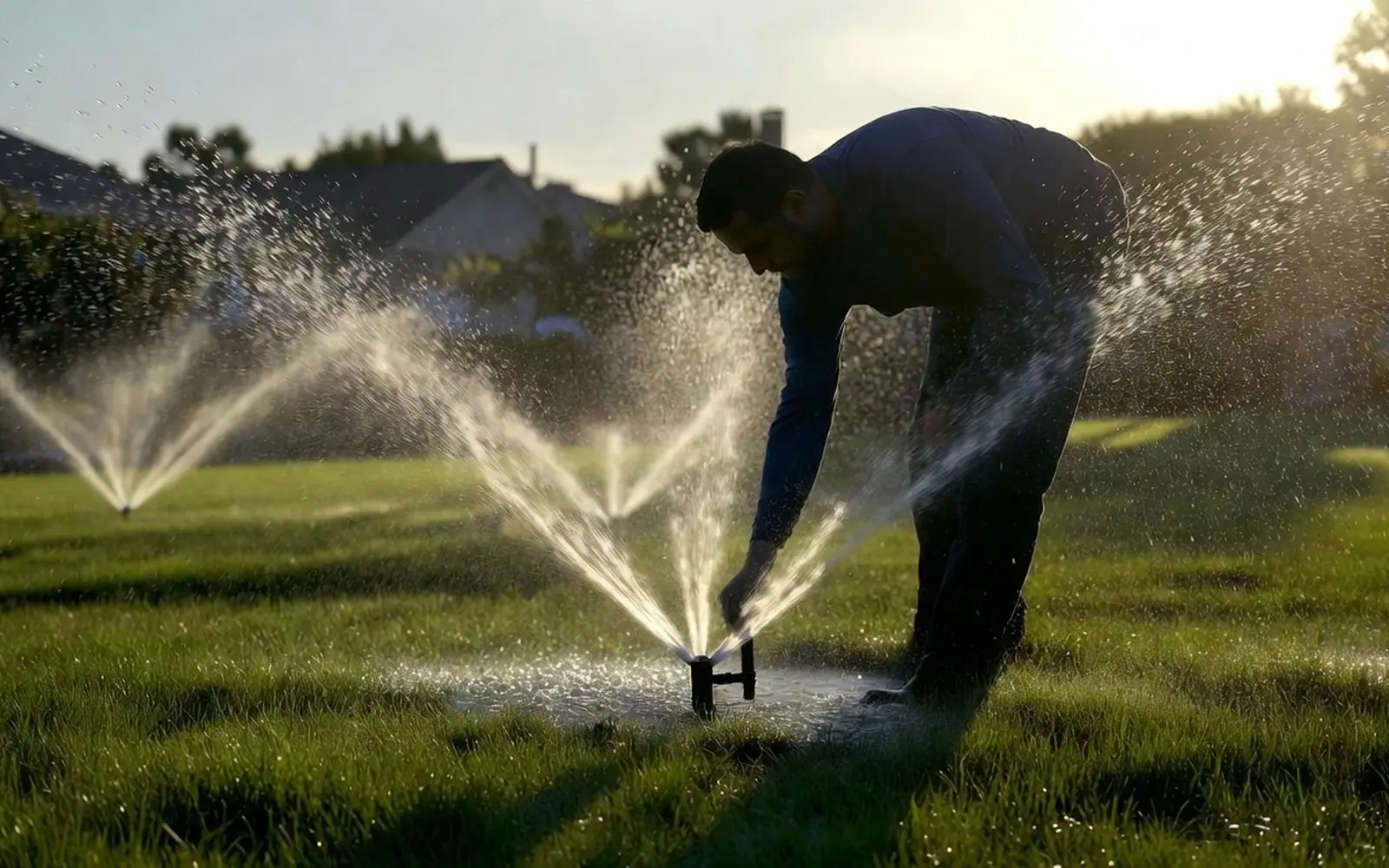 Pop-up sprinkler heads arcing water over a lawn at golden morning, technician adjusting one