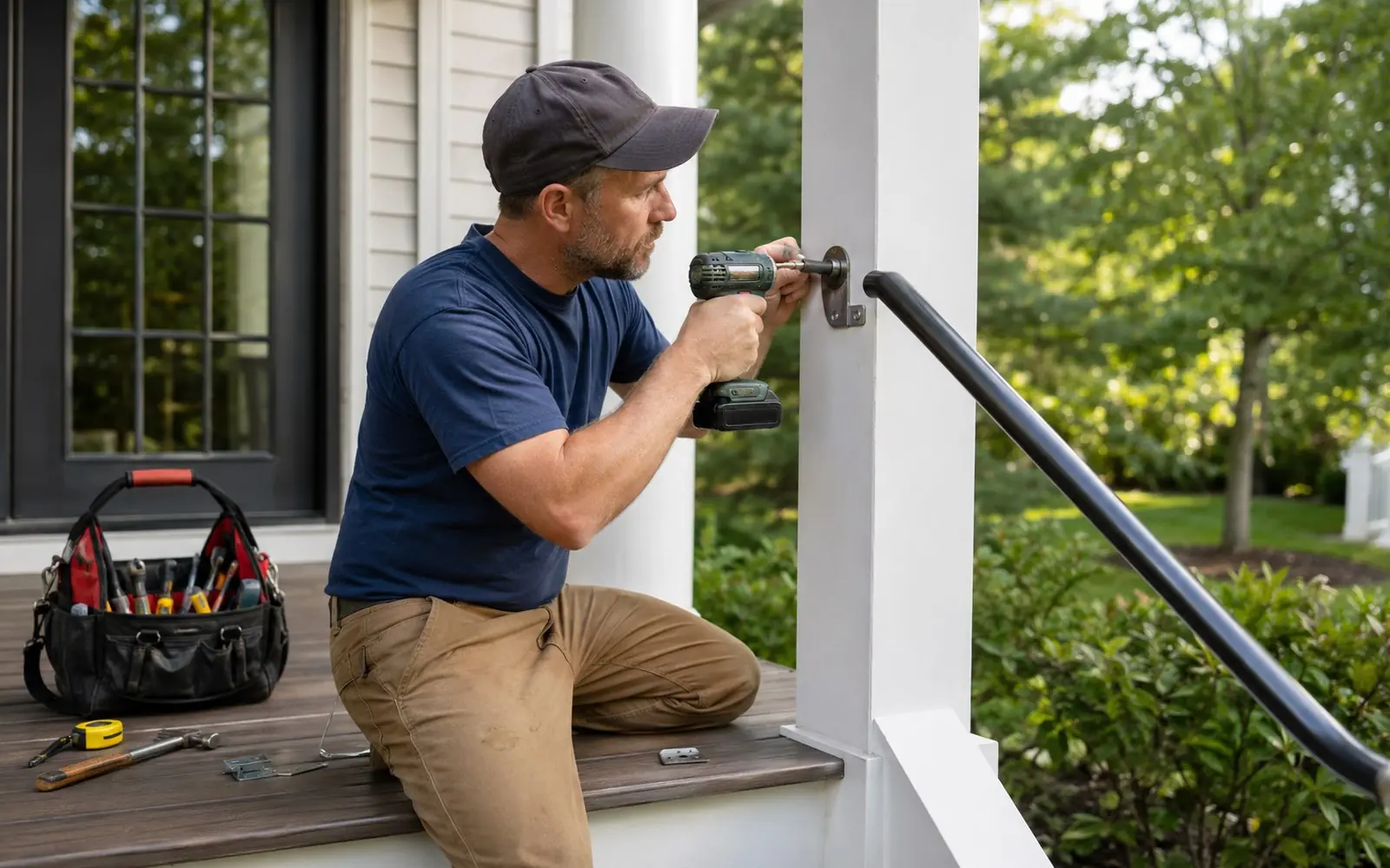A handyman kneeling beside an open tool bag on a porch, fitting a replacement handrail bracket with a cordless drill.