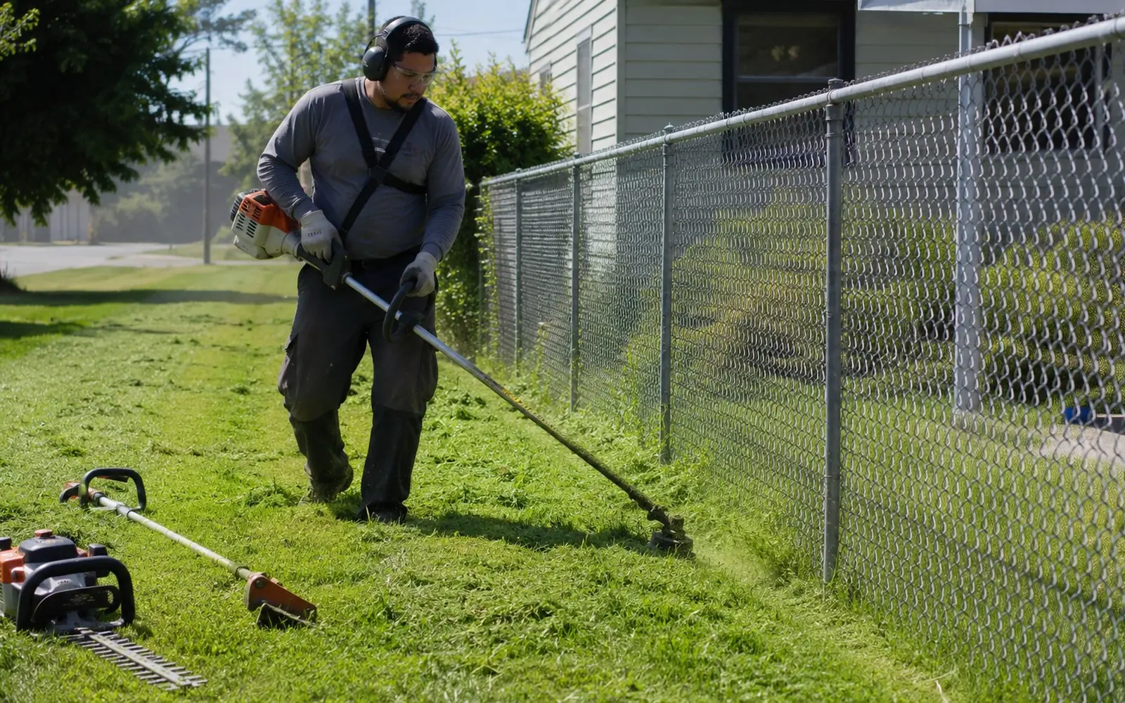 A worker in safety glasses and ear defenders running a string trimmer along a fence line, with a hedge trimmer and a stick edger resting on the grass nearby.