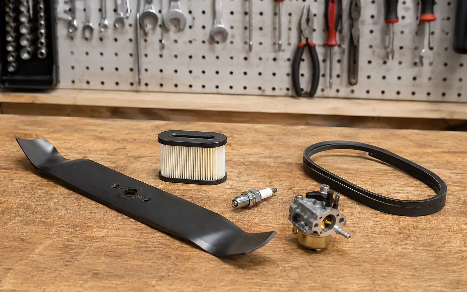 Mower service parts laid out on a wooden workbench: a blade, a pleated air filter, a spark plug, a drive belt and a carburettor, with hand tools on a pegboard behind.