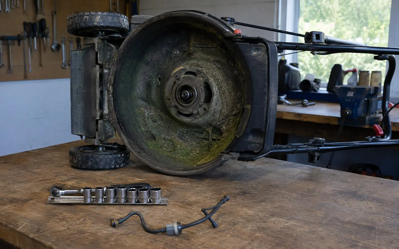 A walk-behind mower tipped on its side on a workshop bench with the blade removed, sockets and a fuel line laid out beside it.