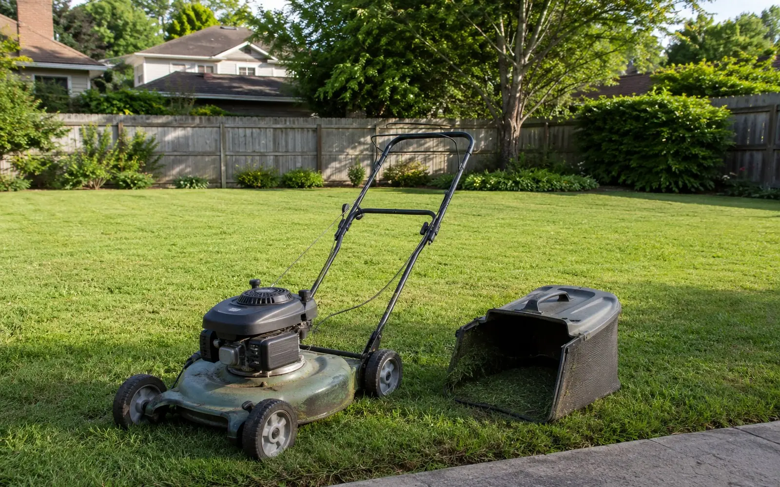 A self-propelled walk-behind mower parked at the edge of a freshly cut suburban back lawn, with the grass catcher detached beside it.