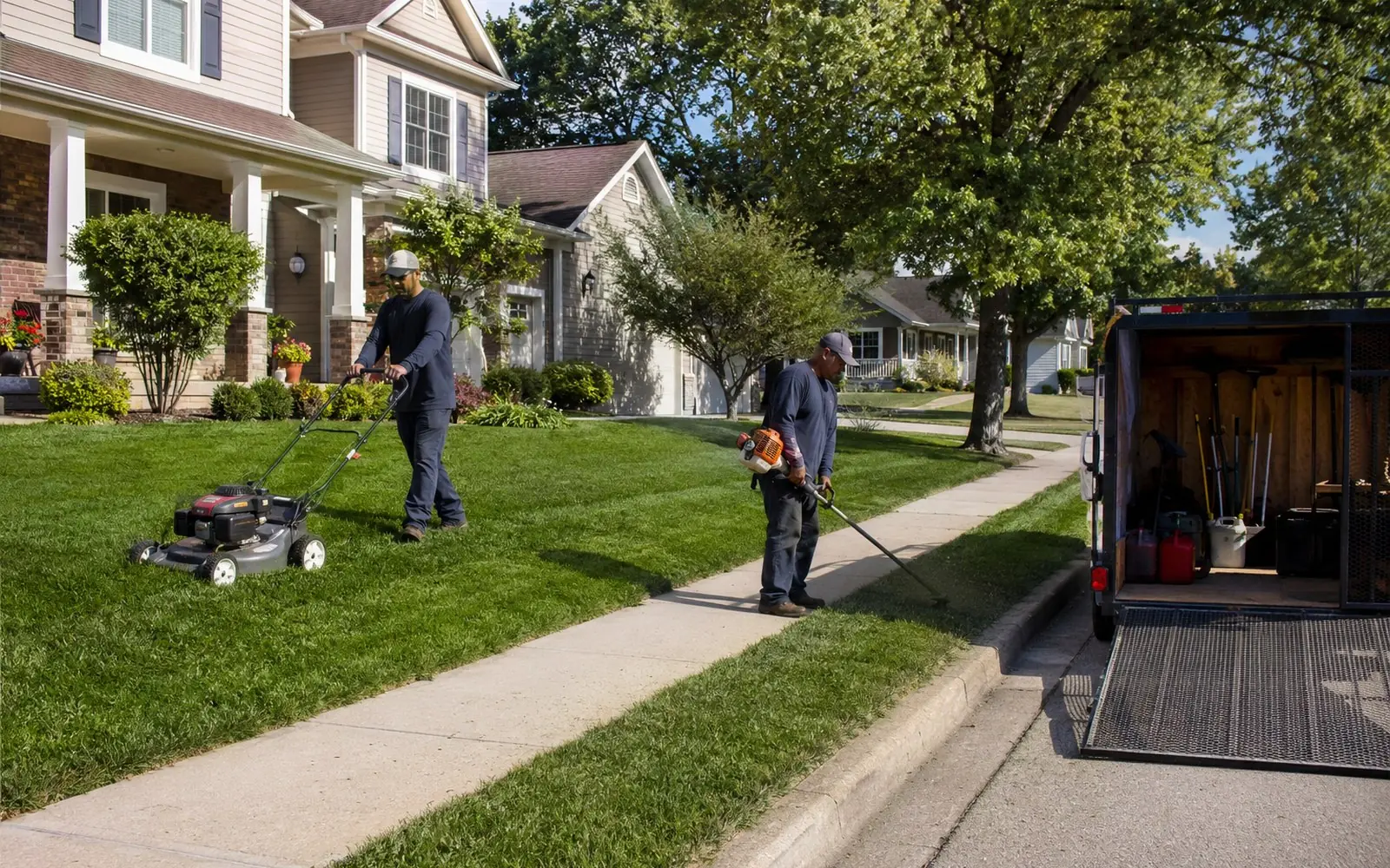 A two-person lawn crew mowing and string trimming a suburban front lawn on a summer morning, with an equipment trailer parked at the curb.
