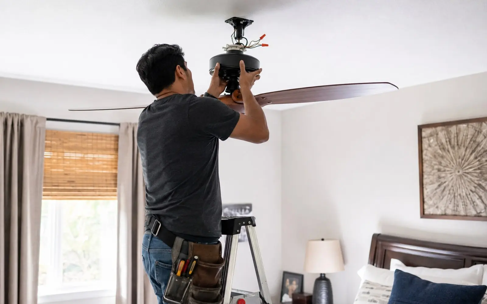 An electrician on a stepladder holding a ceiling fan motor housing up to a mounting bracket in a bedroom ceiling, wire nuts visible.