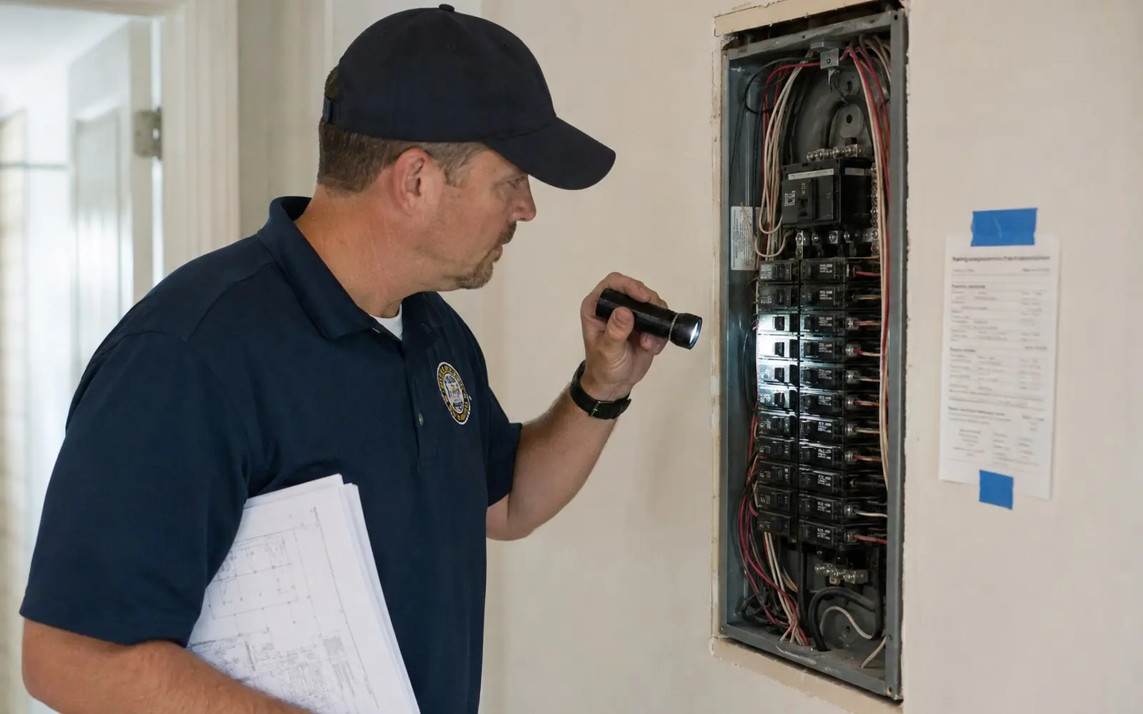 A building inspector with a flashlight examining a residential load center, a permit card taped to the wall beside it and a folded plan set under one arm.