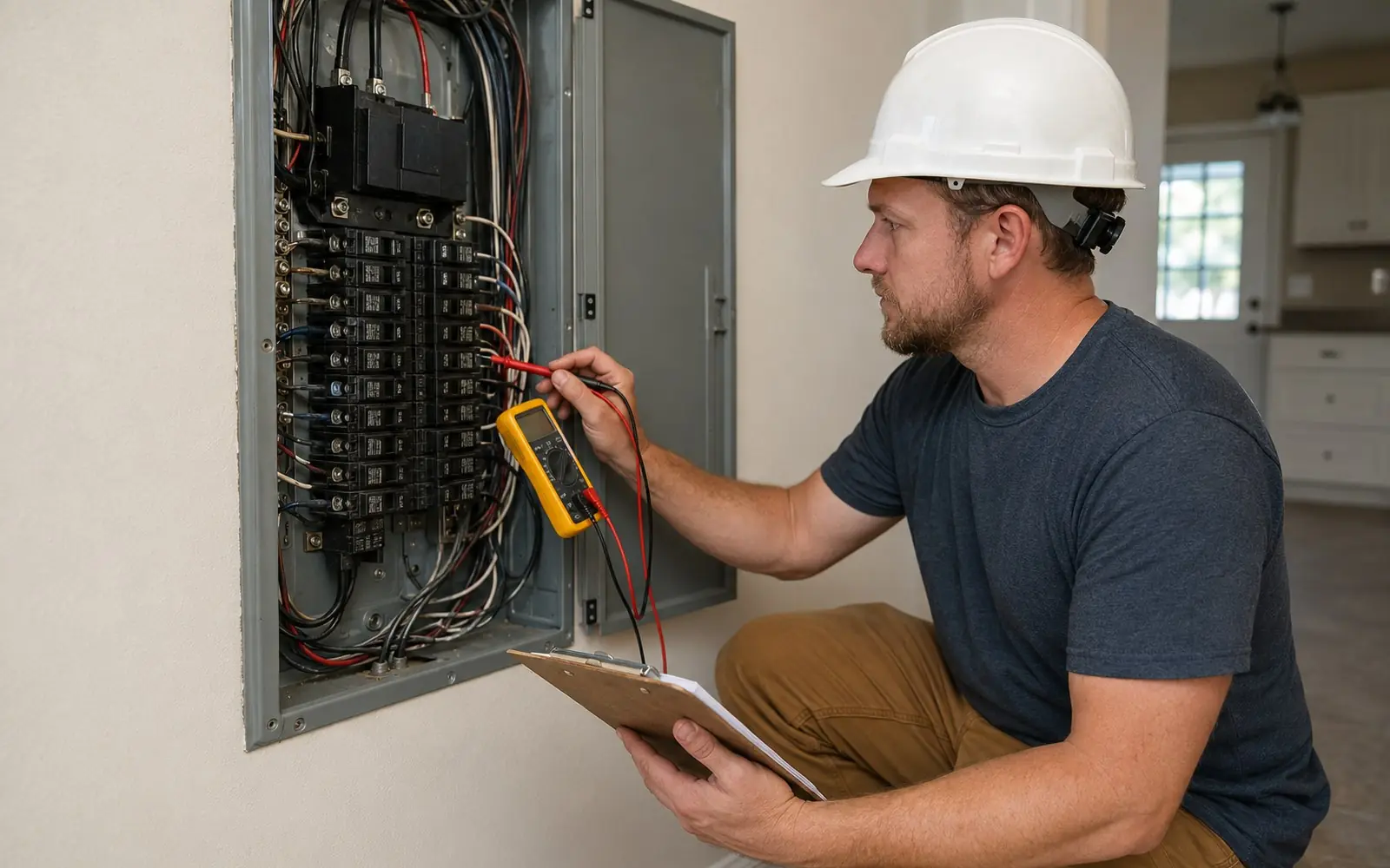 An electrician in a hard hat kneeling at an open residential load center, testing a breaker with a multimeter while holding a clipboard.