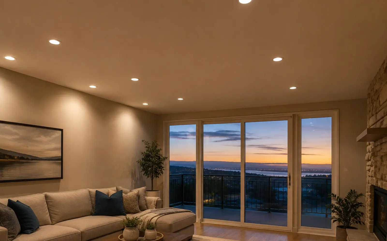 A living room ceiling with a grid of recessed downlights switched on at dusk, the trims flush with the drywall and light washing down a plaster wall.