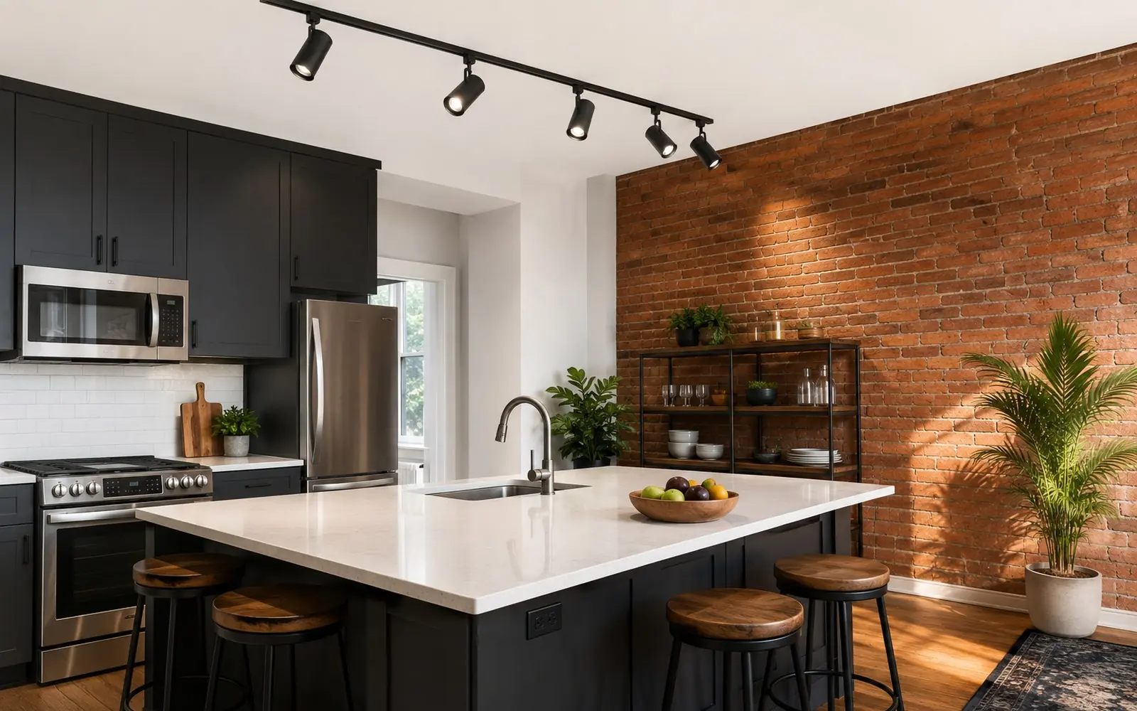 A black track lighting run mounted on a white ceiling above a kitchen island, five adjustable heads angled toward the counter and a brick wall.