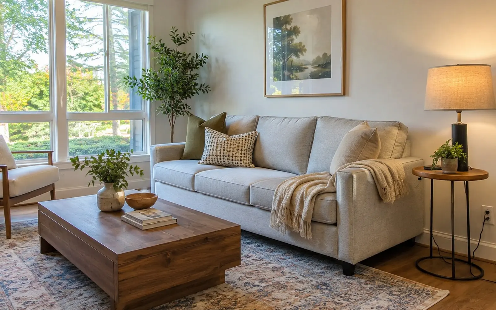 A low rectangular wooden coffee table on a rug in front of a sofa, with a small round end table beside the sofa arm holding a lamp whose cord runs to the wall.