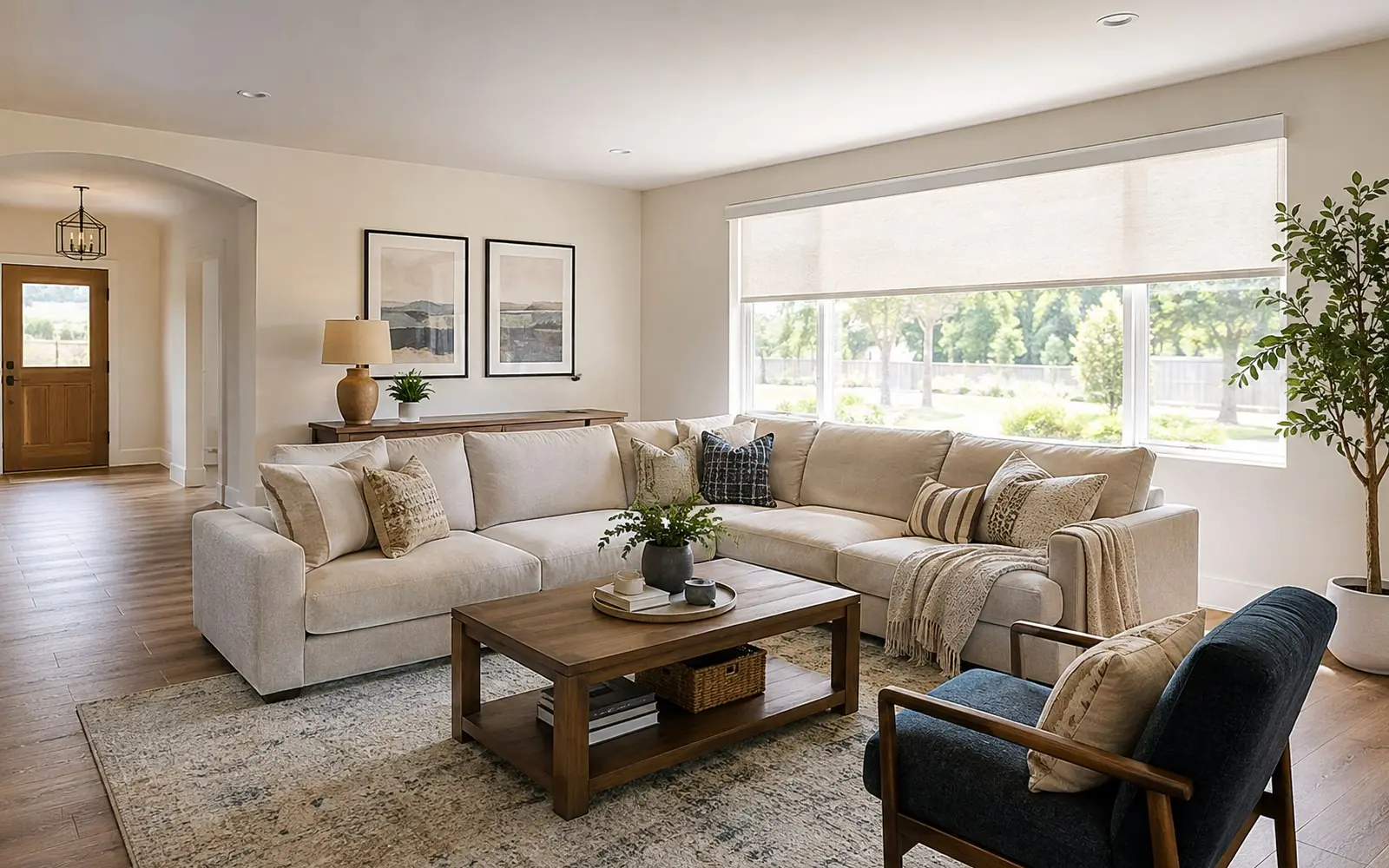 A styled family room photographed in daylight, with a sectional floating away from the walls, a large window with cordless blinds, and no visible cords anywhere.