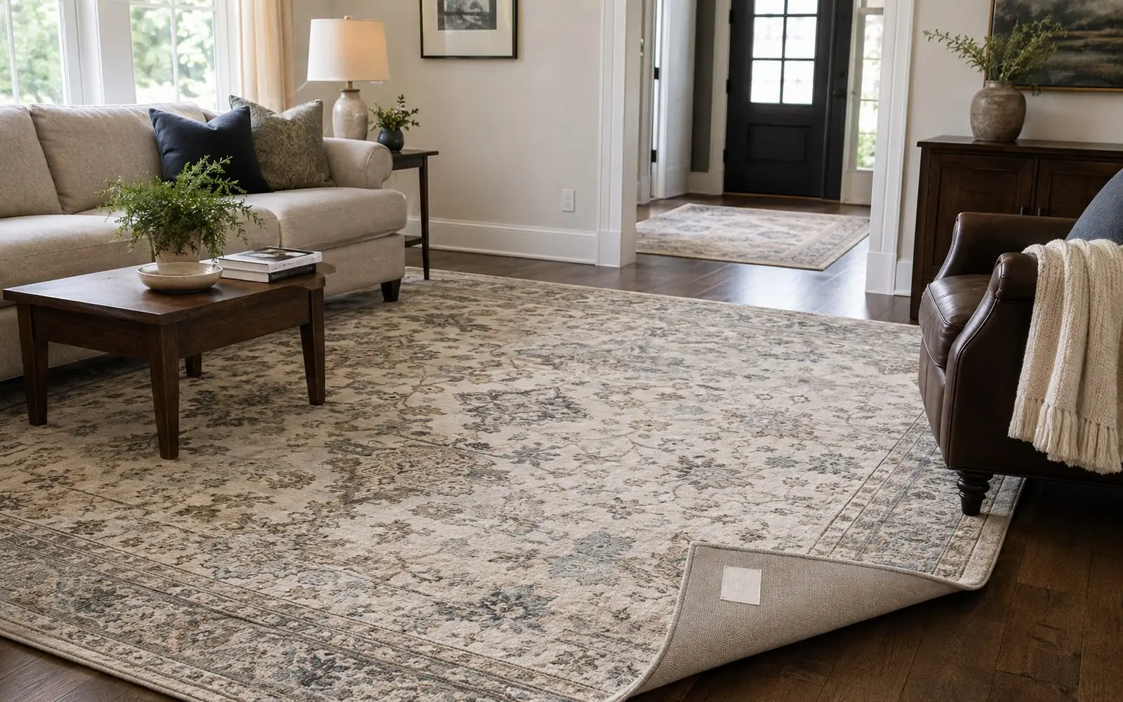 A large patterned area rug covering most of a living room floor, with a smaller accent rug in the doorway behind it and a permanent white label sewn to the rug backing.