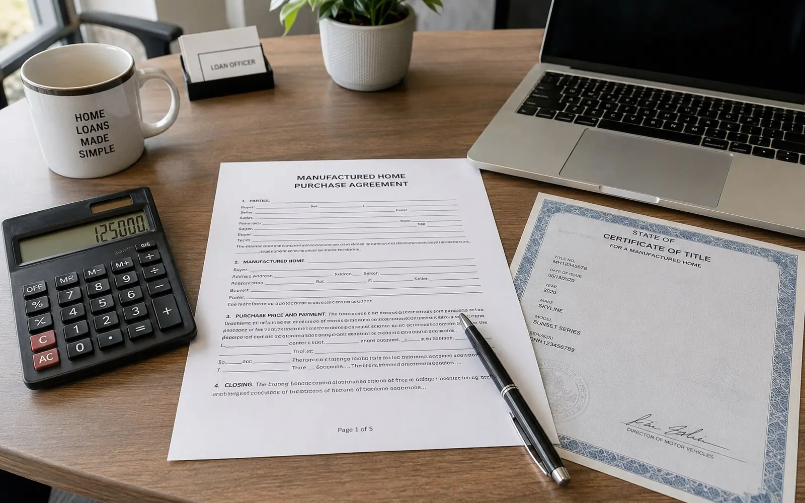 A loan officer's desk with a printed manufactured home purchase agreement, a calculator and a state certificate of title beside a laptop.