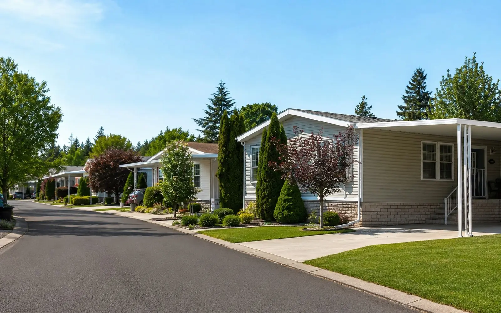 A paved street in a manufactured home community lined with sited homes, skirting, carports and mature landscaping between the lots.