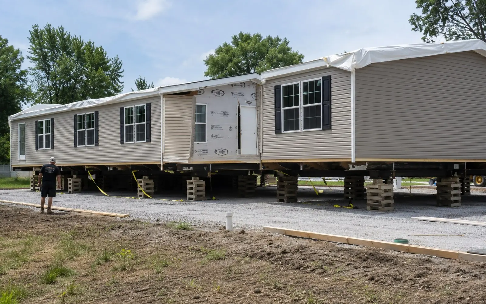 A double-section manufactured home being set on piers over a prepared pad, with the two sections partially joined and anchoring straps visible underneath.