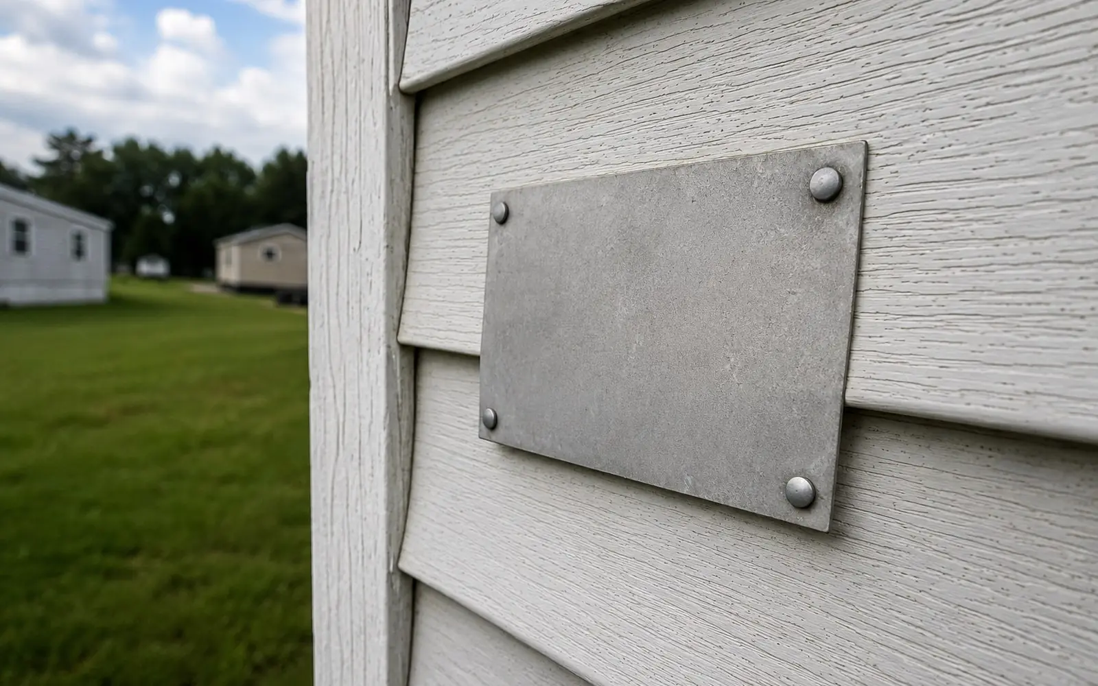 A small blank aluminium plate riveted to the lap siding at the rear corner of a manufactured home, with other homes in the background.