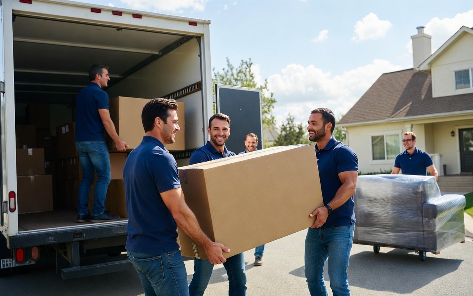 Two movers carrying a wrapped sofa down a front walk toward an open truck