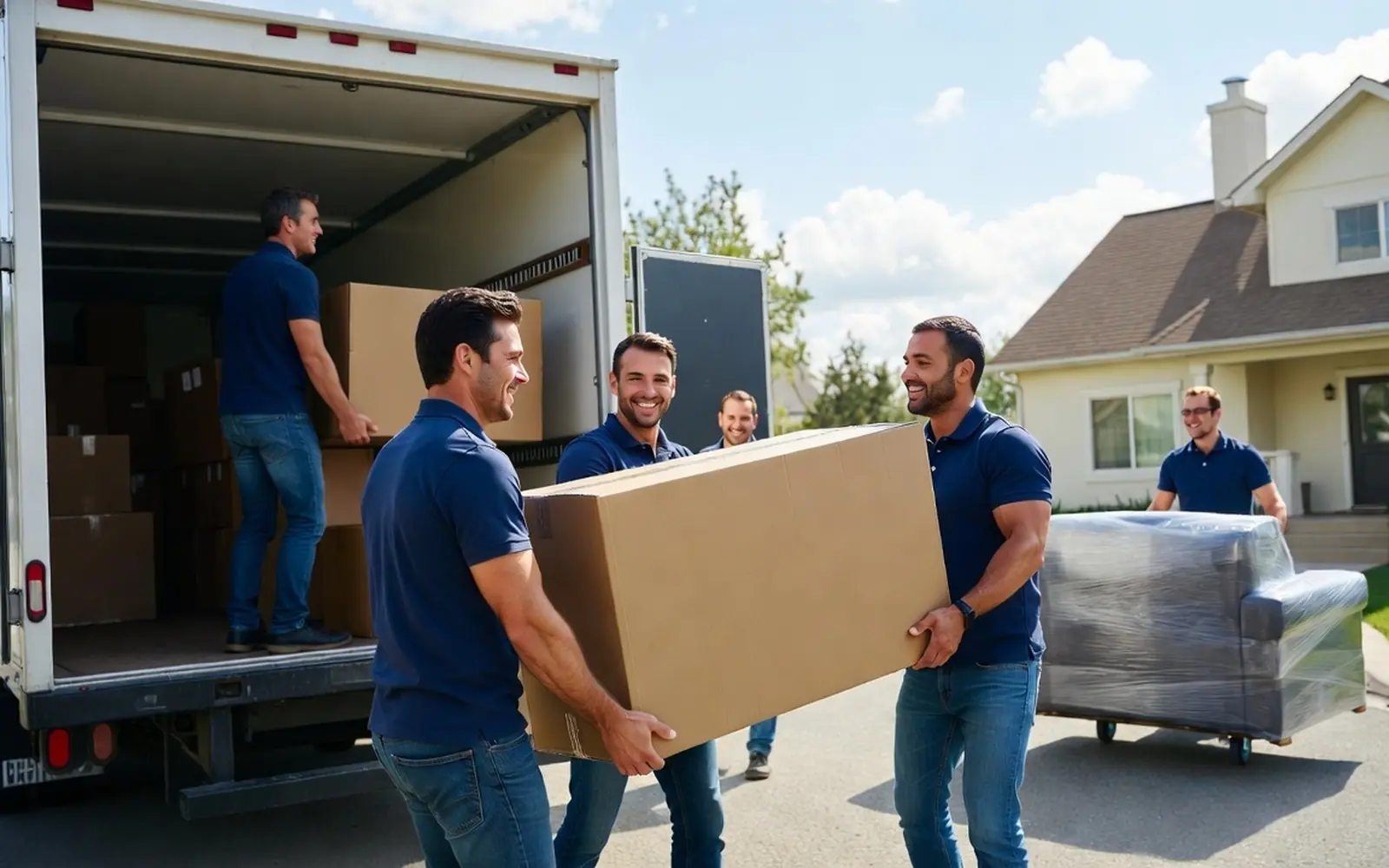 Two movers carrying a wrapped sofa down a front walk toward an open truck