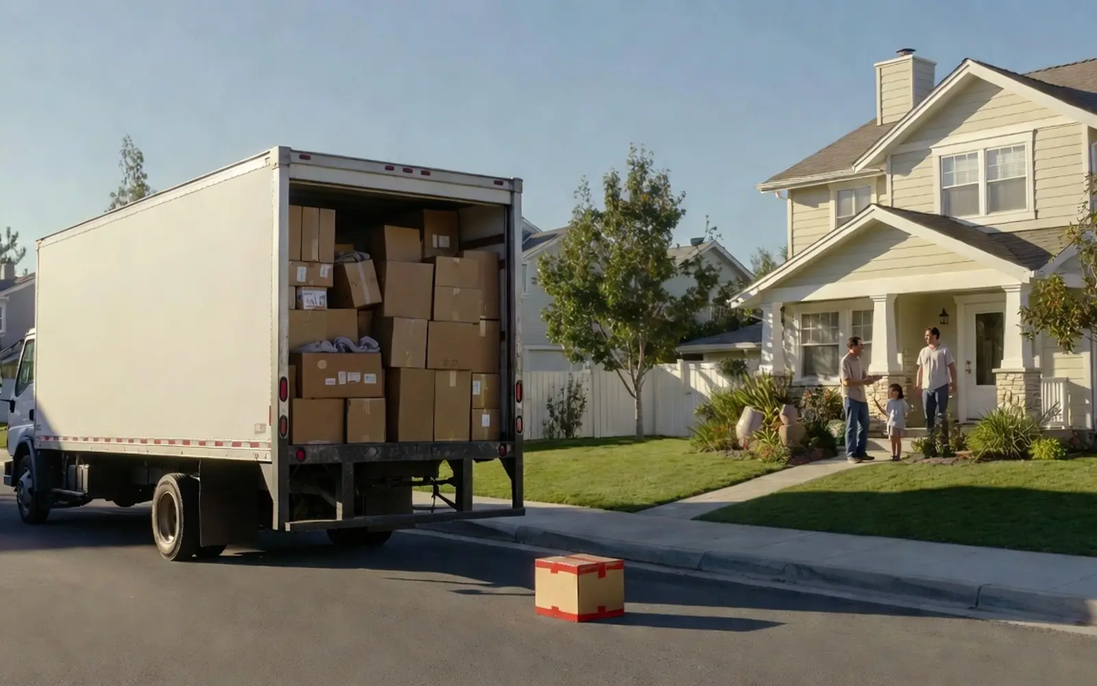 Loaded moving truck on a suburban street, family locking the front door behind them