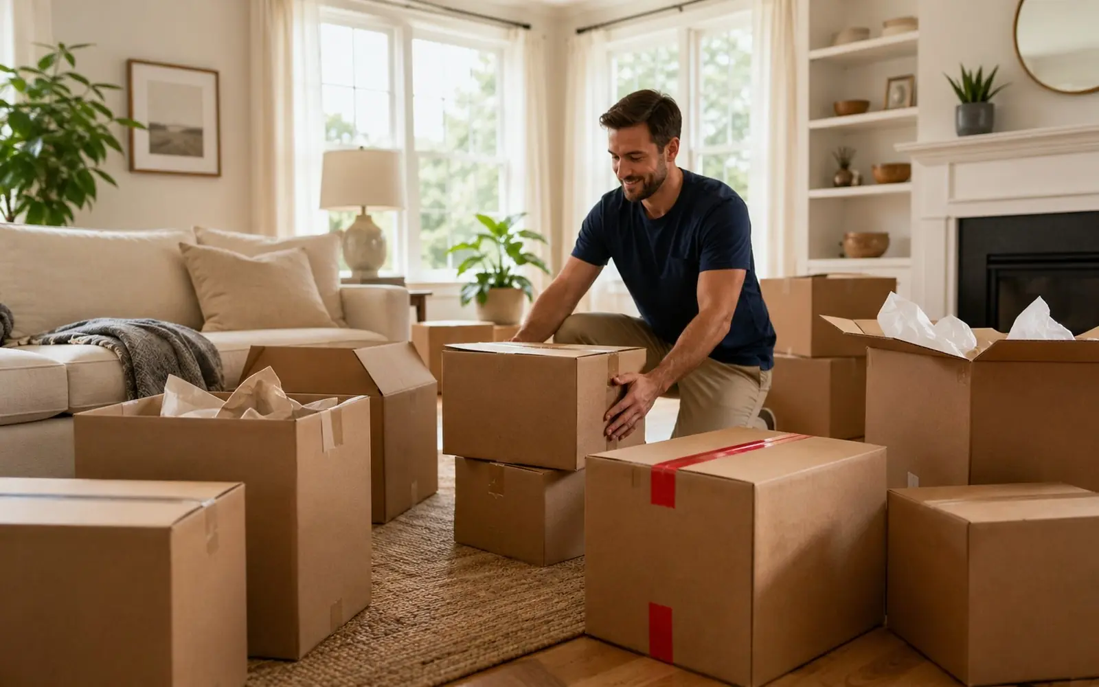 Homeowner labeling-free sorting of boxes by room in a bright living room