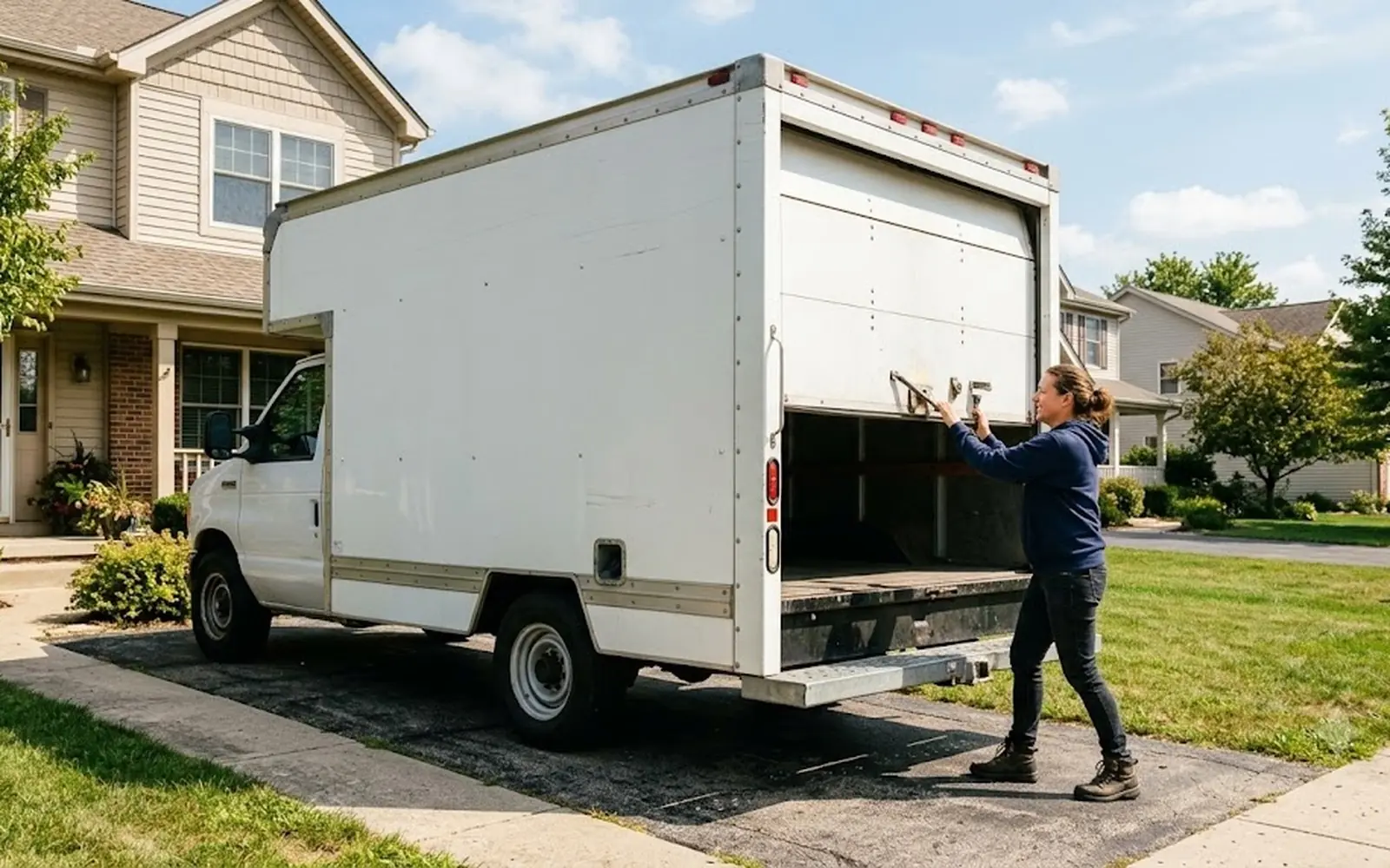 Homeowner rolling up the rear door of a plain rental box truck in a driveway