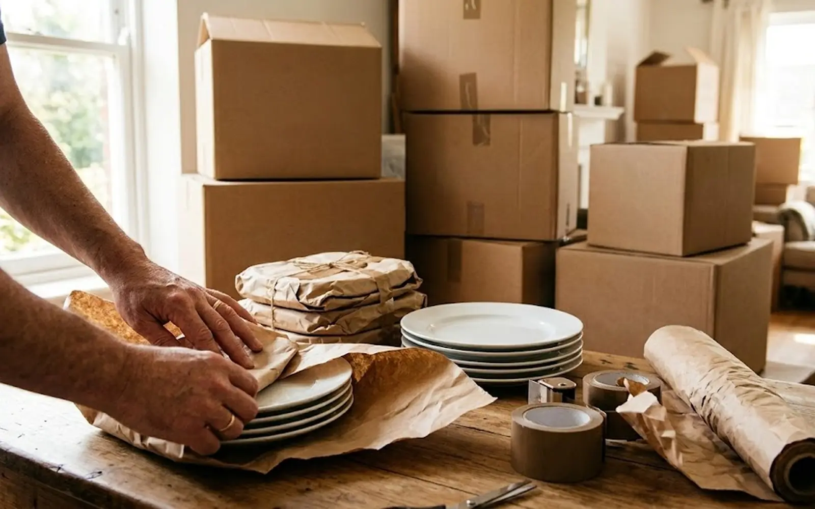 Close on hands wrapping dishes in paper beside stacked plain boxes and tape rolls