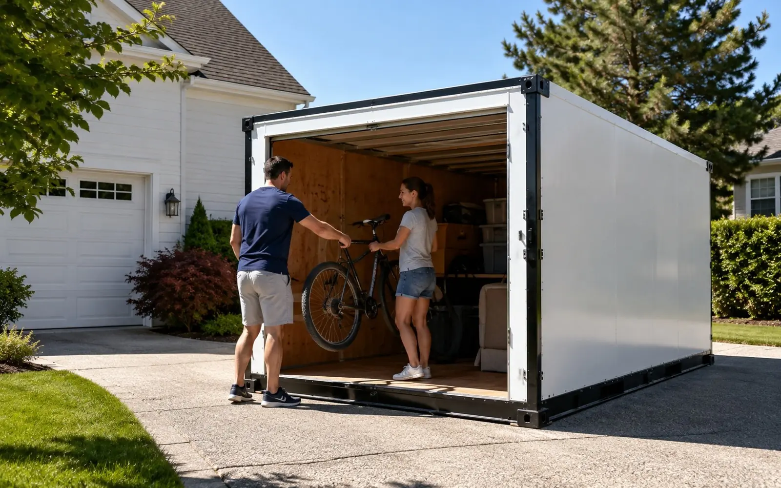Plain portable storage container in a driveway, couple loading a bicycle in