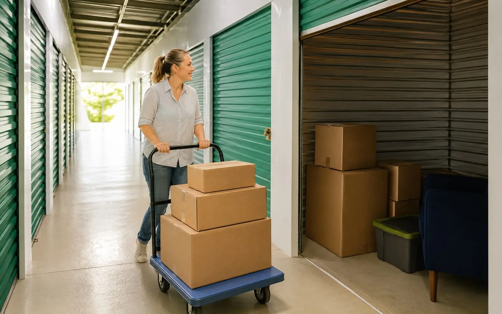 Clean bright storage unit corridor, homeowner rolling a cart of boxes to an open unit