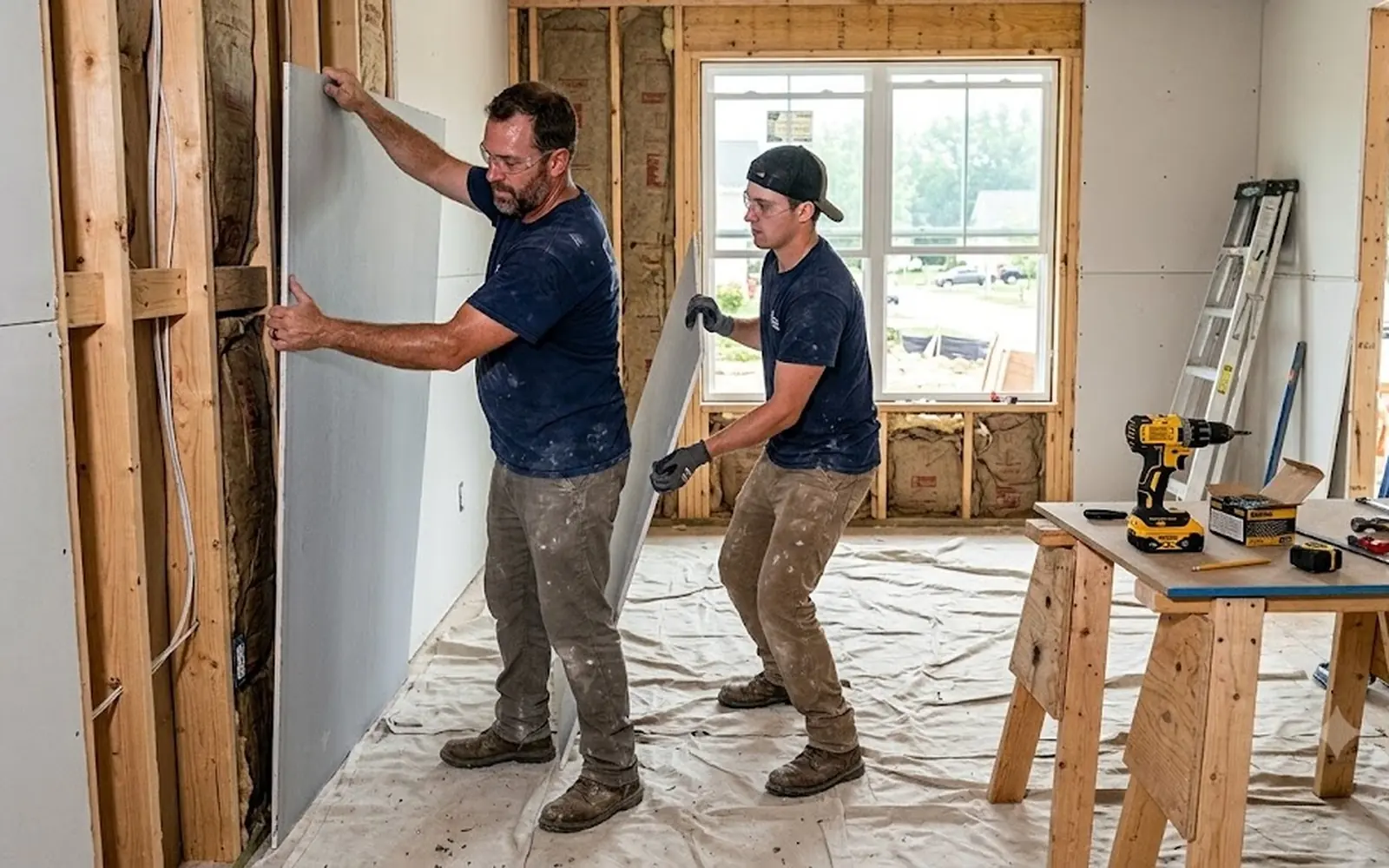 Two installers lifting a drywall sheet onto a framed wall, screw gun ready