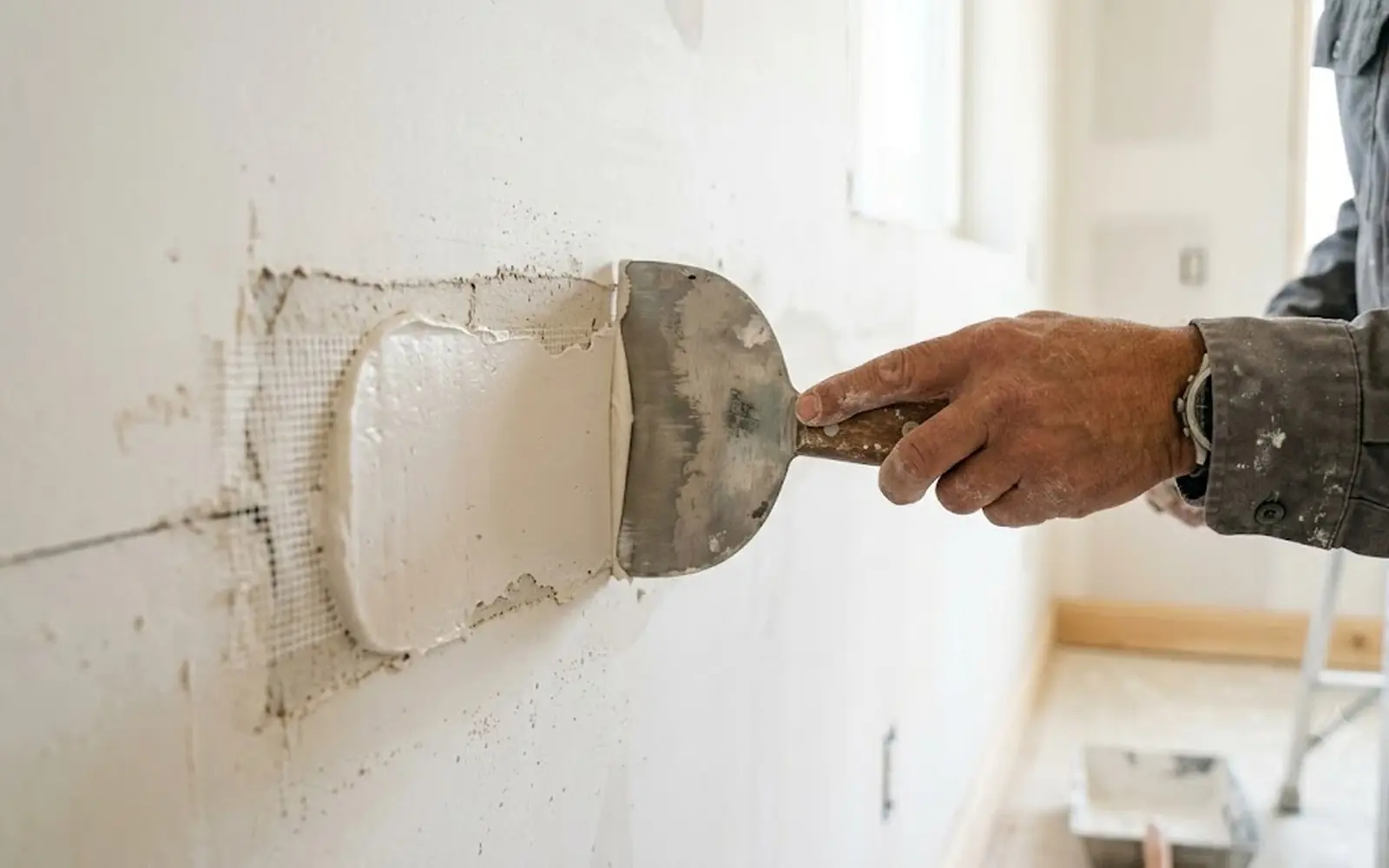 Close on a taping knife smoothing compound over a patched wall section