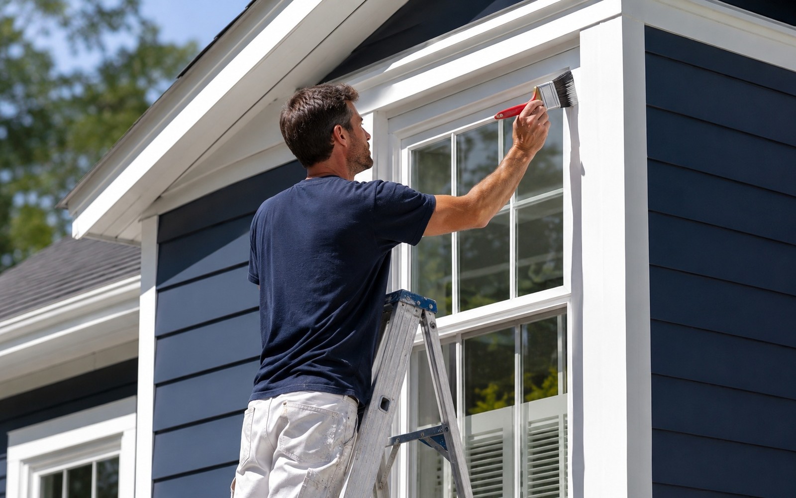 Painter on a ladder cutting in crisp trim on a sunny house exterior, navy body color