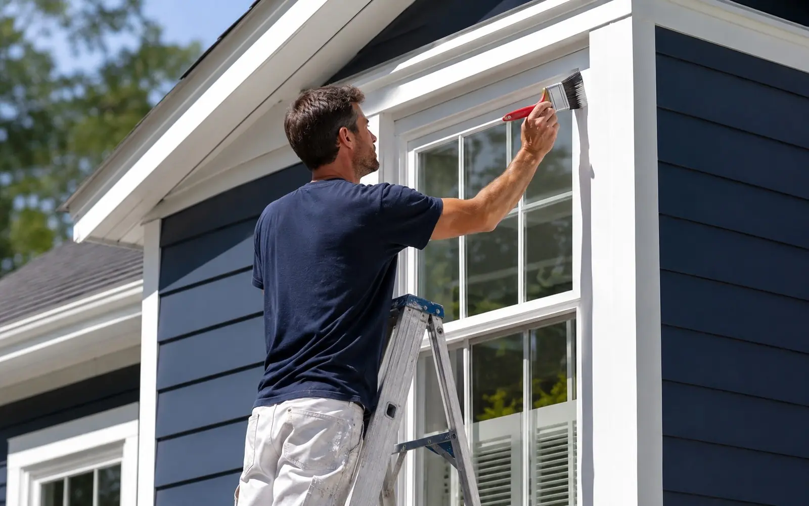 Painter on a ladder cutting in crisp trim on a sunny house exterior, navy body color