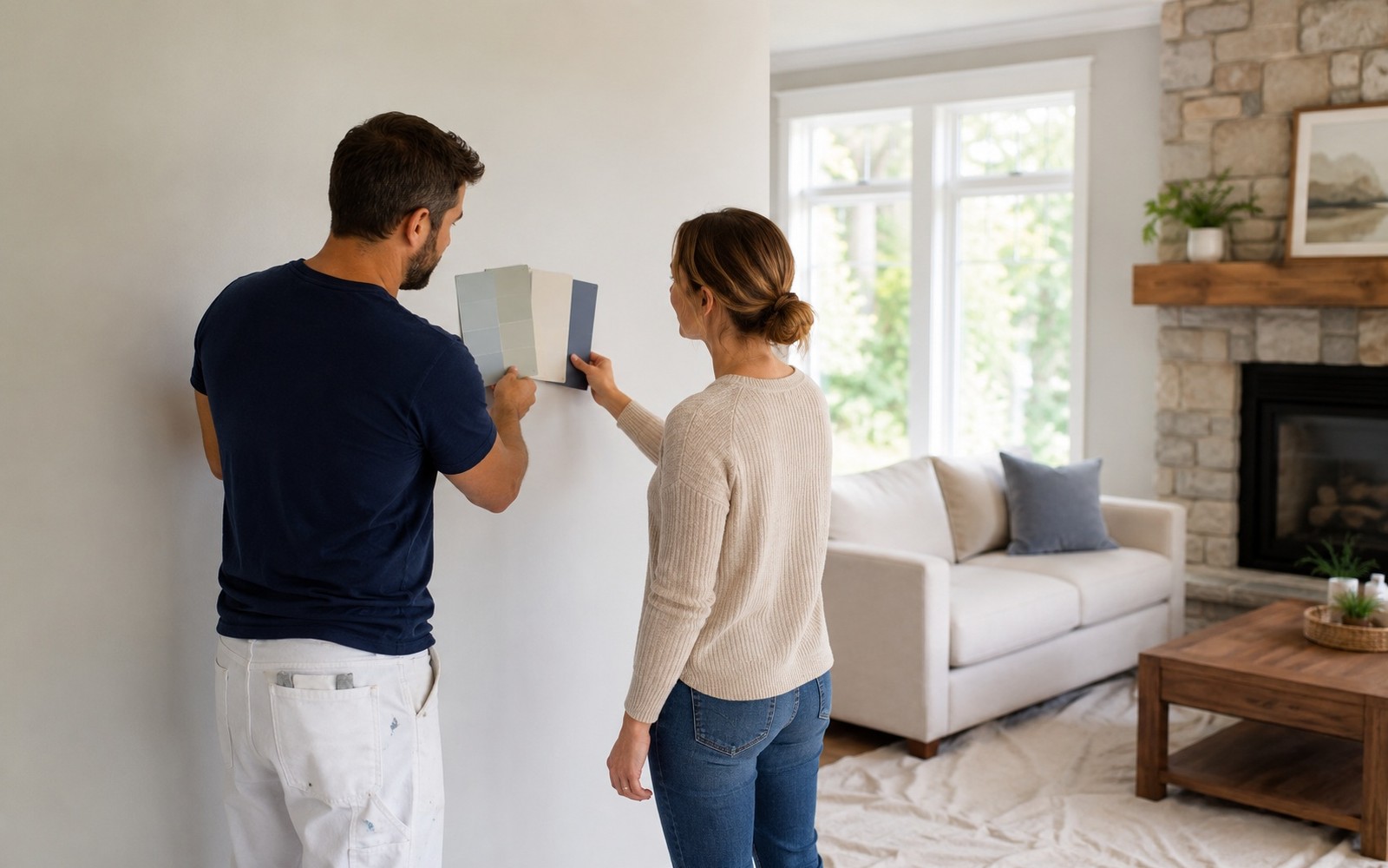 Painter and homeowner reviewing swatches held against a living room wall