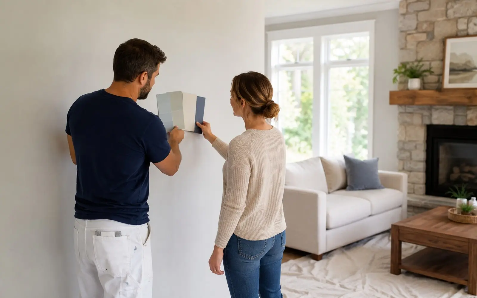 Painter and homeowner reviewing swatches held against a living room wall