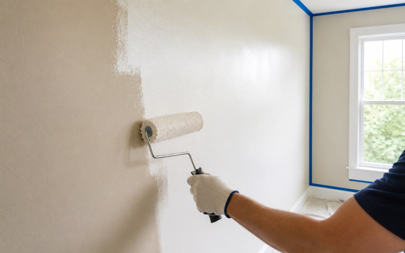 Roller laying warm white onto a wall, halfway transformation visible, taped edges