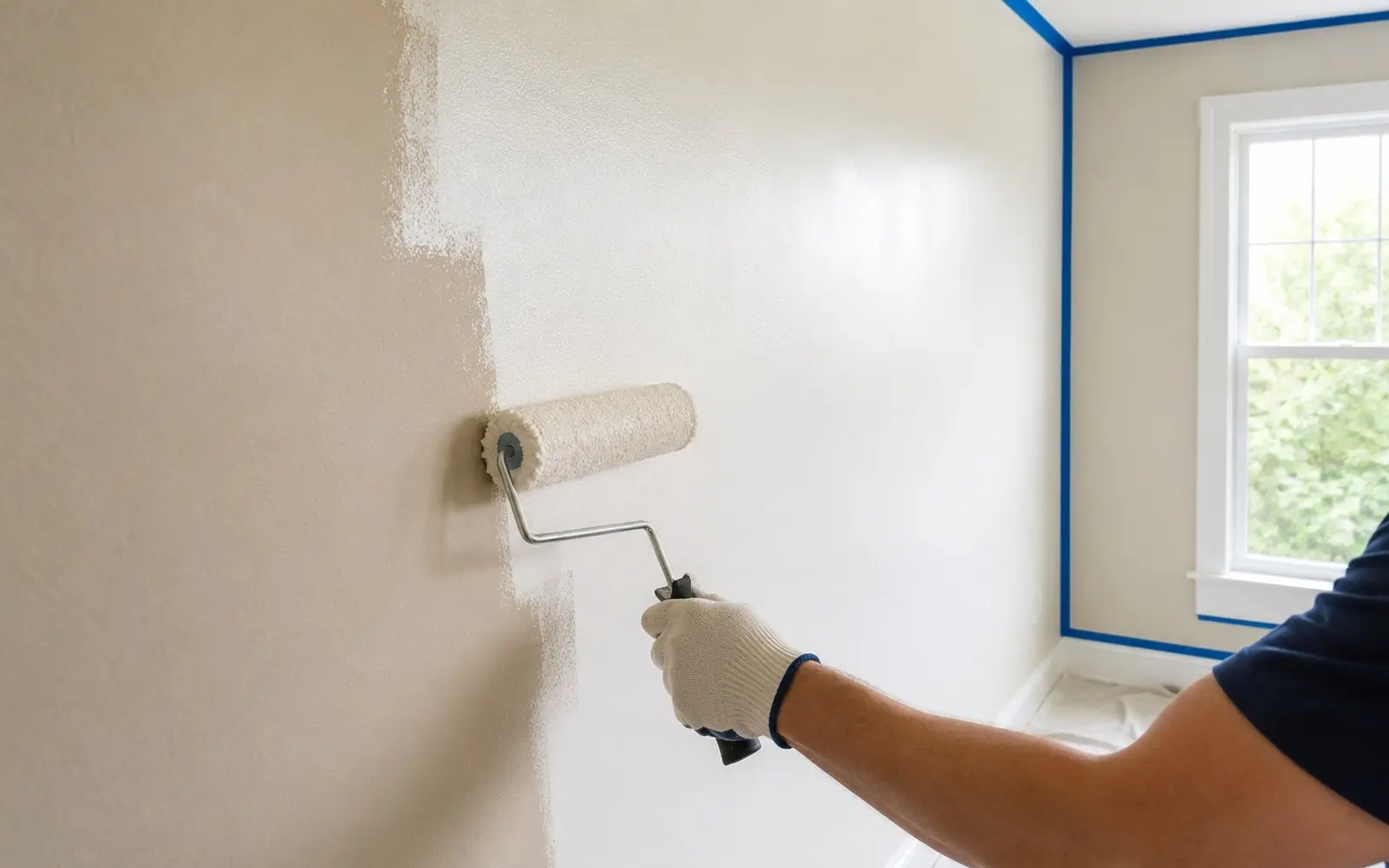 Roller laying warm white onto a wall, halfway transformation visible, taped edges