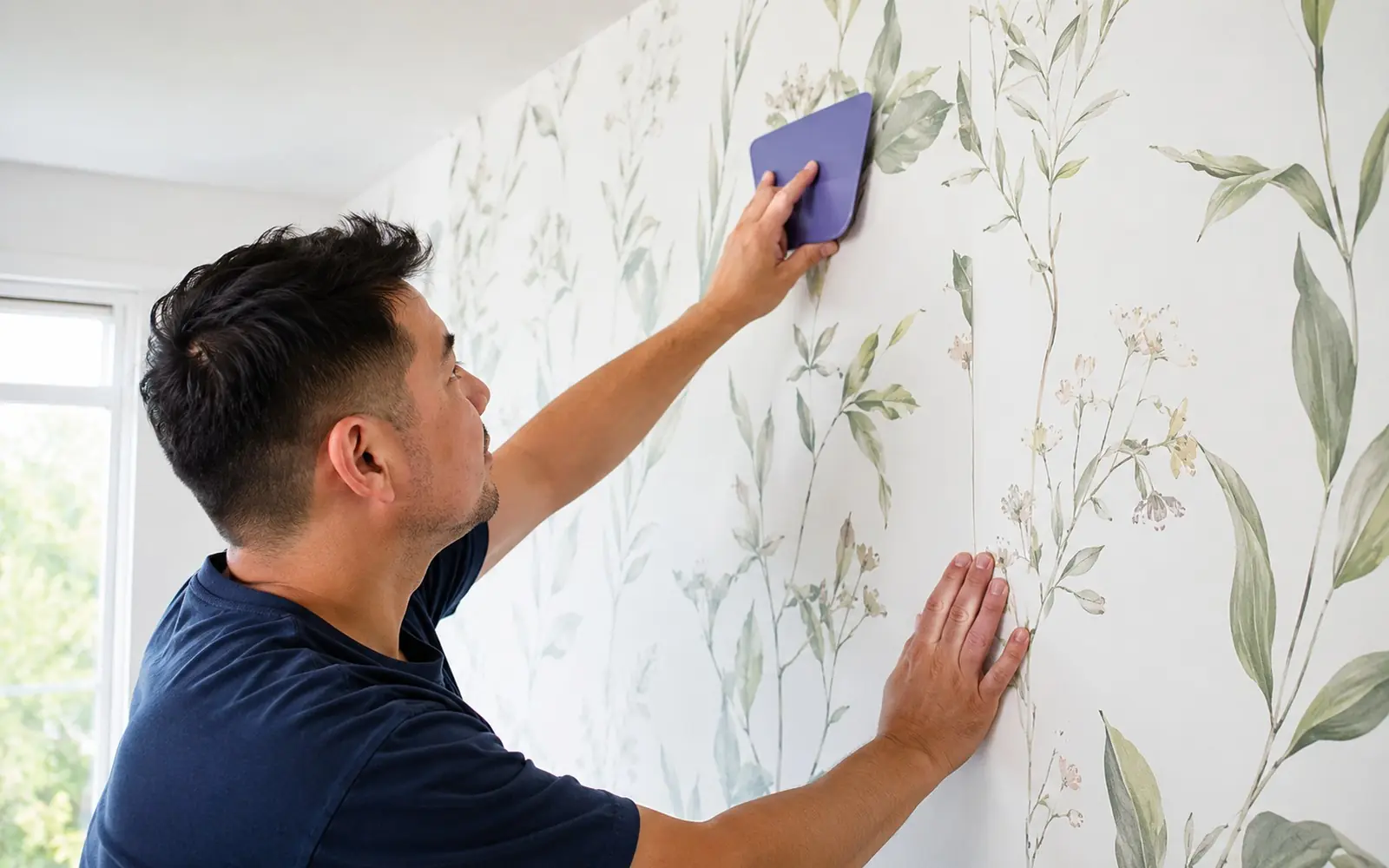 Installer smoothing a botanical-pattern wallpaper panel with a plastic smoother