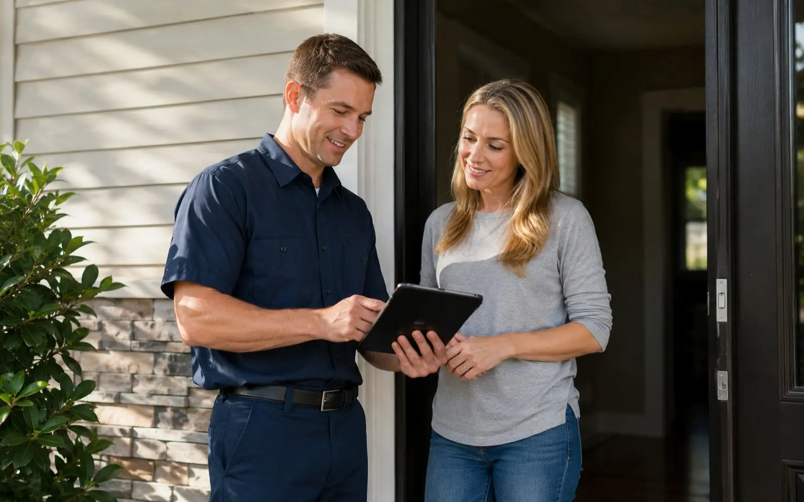 Technician reviewing a treatment plan on a tablet with the homeowner at the door