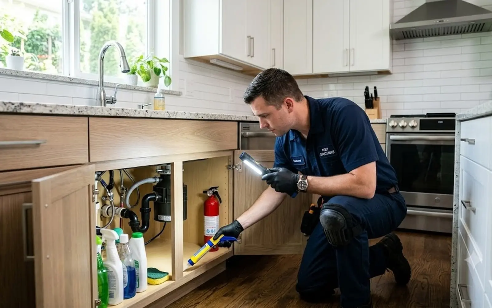 Technician inspecting under a bright kitchen sink with a flashlight, gel applicator