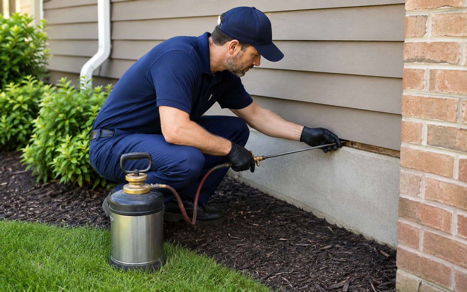 Technician trenching soil treatment along a foundation, probe checking a sill