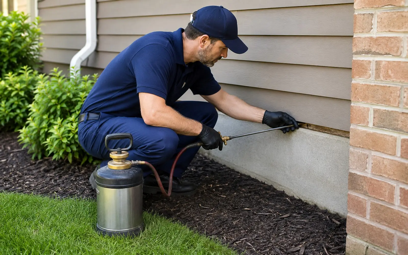 Technician trenching soil treatment along a foundation, probe checking a sill