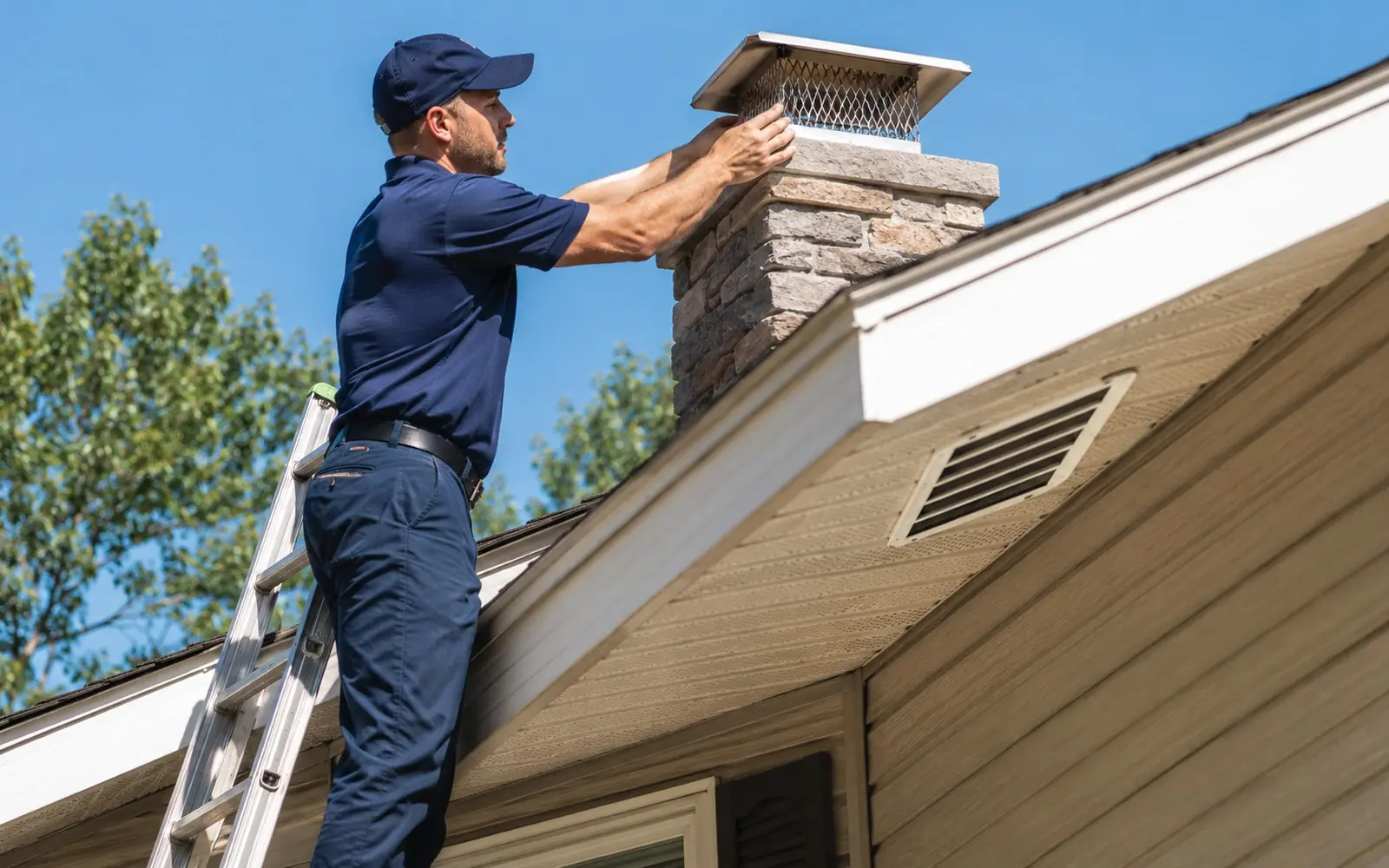 Technician on a ladder installing a chimney cap and checking a soffit vent