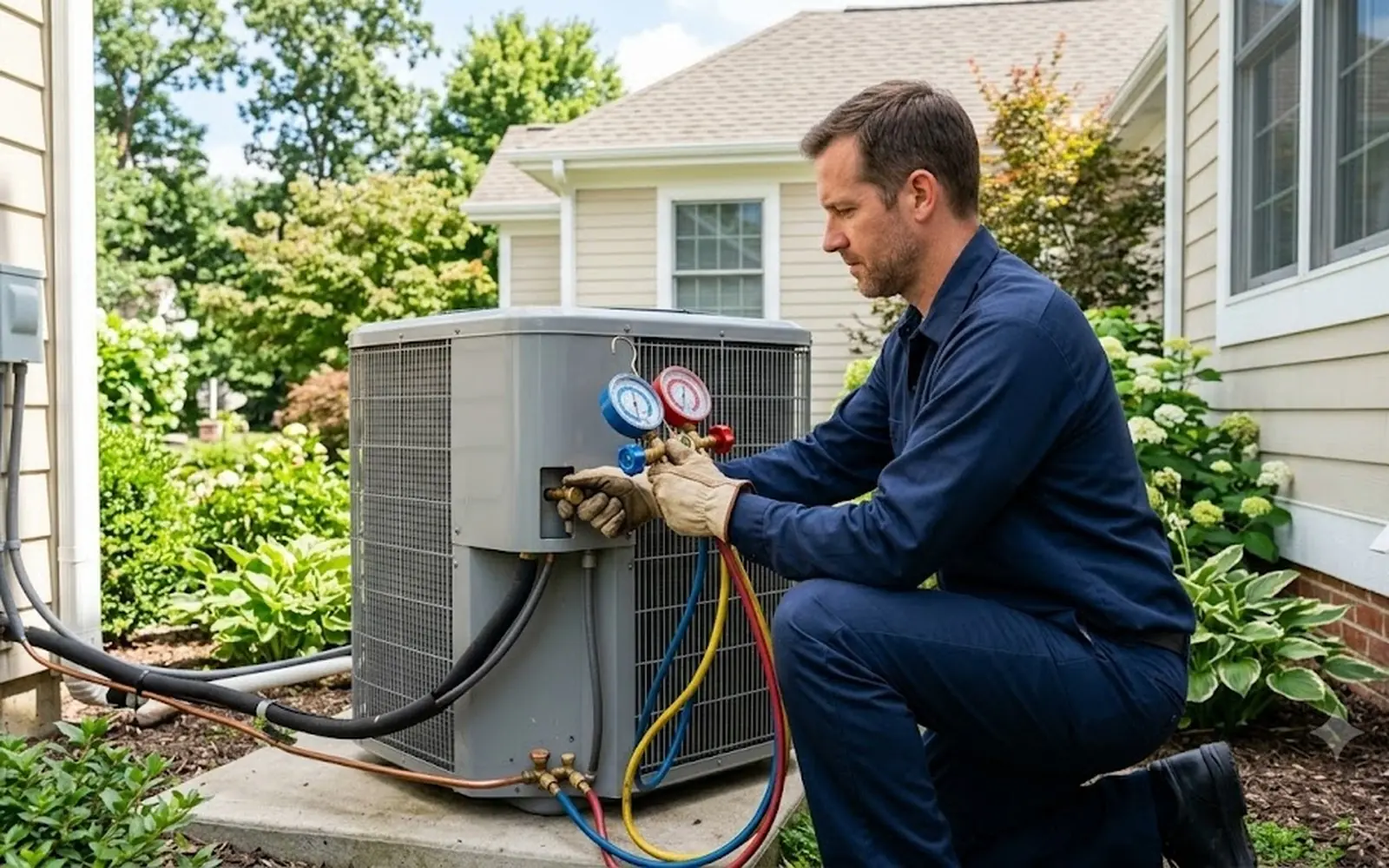 Technician gauging a condenser unit beside the house on a sunny day
