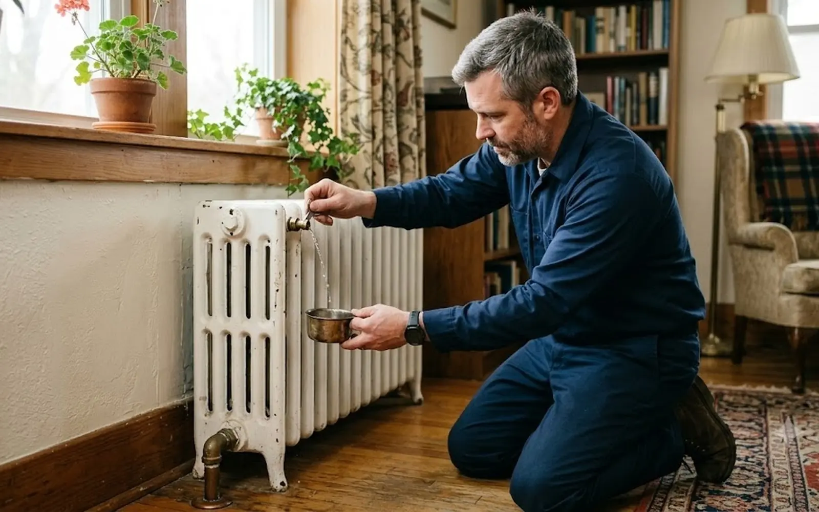 Technician bleeding a classic panel radiator in a bright older home