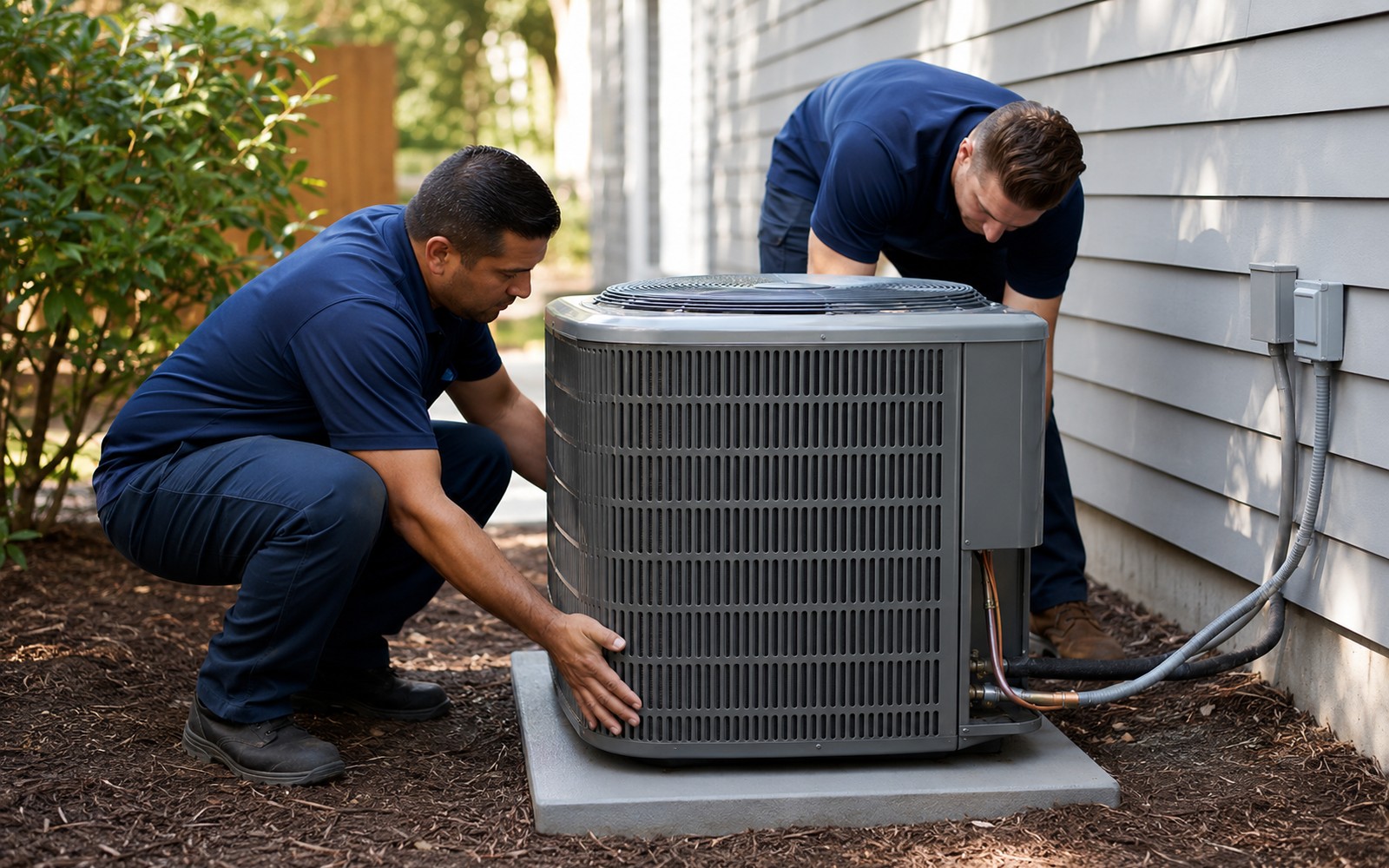 Two techs setting a new condenser on a pad, line set ready, tidy side yard