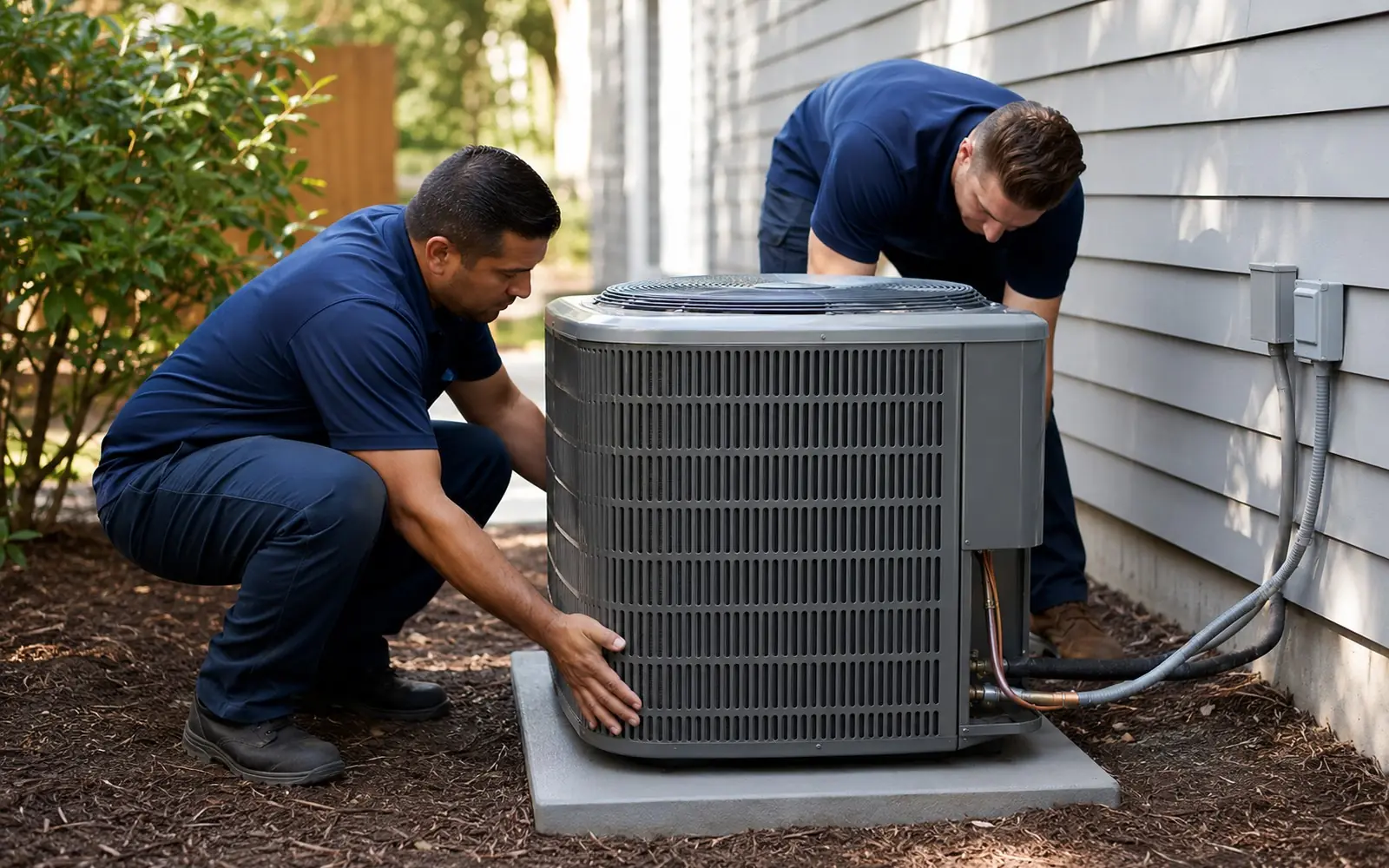 Two techs setting a new condenser on a pad, line set ready, tidy side yard