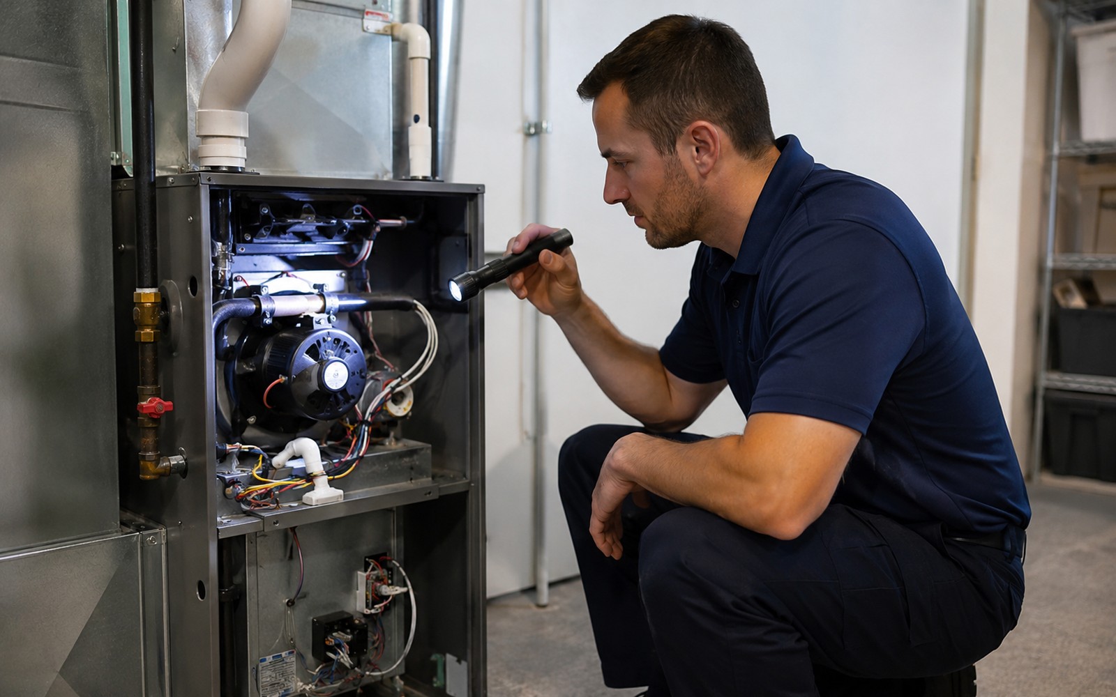 Technician with flashlight diagnosing an open modern furnace in a clean basement