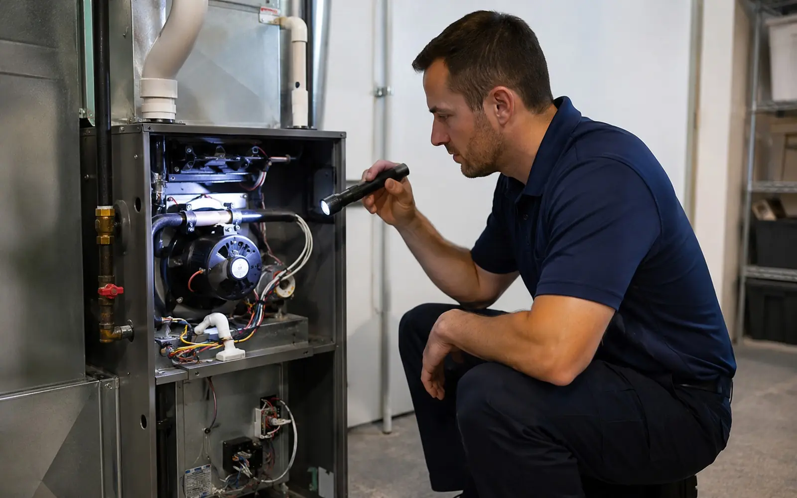 Technician with flashlight diagnosing an open modern furnace in a clean basement