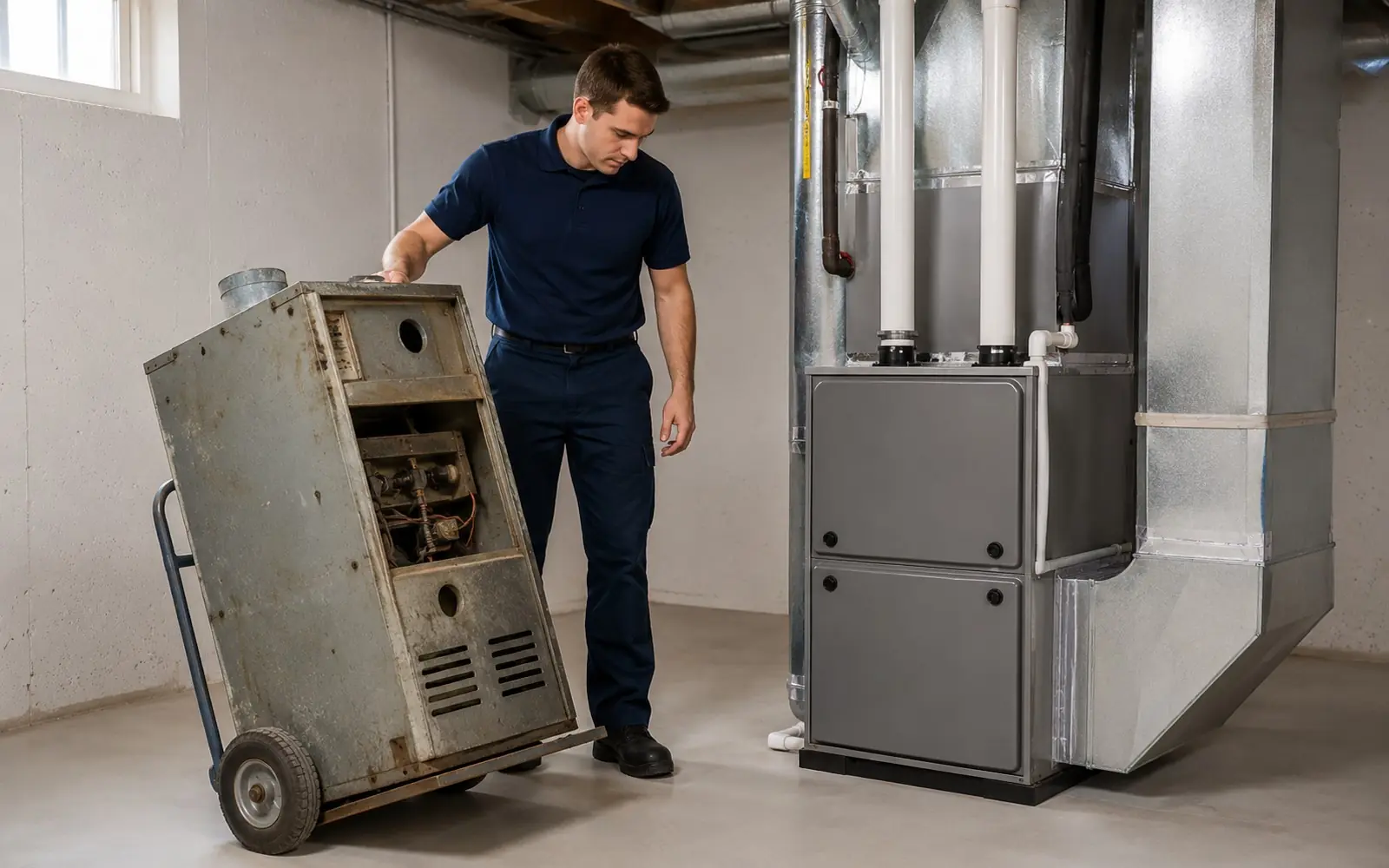Old furnace out on a dolly beside the boxed-free new high-efficiency unit