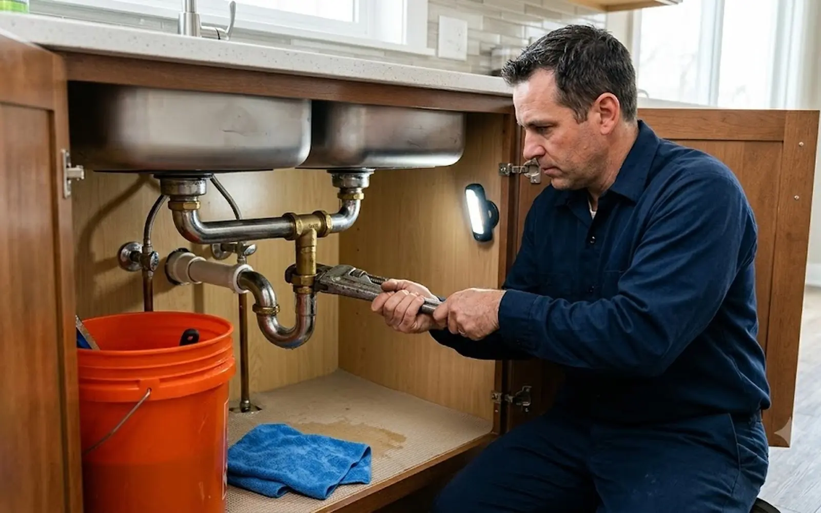 Plumber tightening a P-trap under a bright kitchen sink, towel and bucket neat